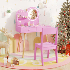 Kids Princess Makeup Dressing Desk and Chair Set with Mirror and Lights