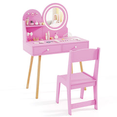 Kids Princess Makeup Dressing Desk and Chair Set with Mirror and Lights