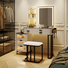 Makeup Vanity Dressing Table and Stool Set with Mirror and 3-Color LED Lights