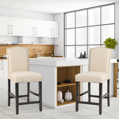 25 Inch Set of 2 Upholstered Counter Height Bar Stools with Rubber Wood Legs