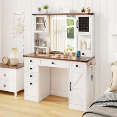 Farmhouse Vanity Desk with Lighted Mirror and 3 Doors