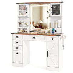 Farmhouse Vanity Desk with Lighted Mirror and 3 Doors