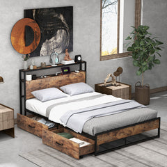 Full/Queen Bed Frame with 2 Storage Drawers and Charging Stationn