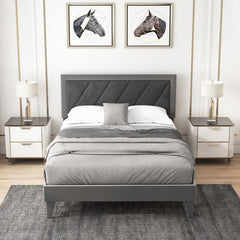 Twin/Full/Queen Platform Bed with High Headboard and Wooden Slats