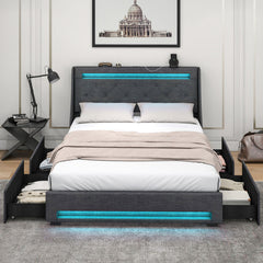 Full Size Bed Frame with LED Lights Wingback Headboard and Charging Station