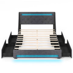 Full Size Bed Frame with LED Lights Wingback Headboard and Charging Station