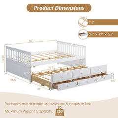Full Size Wood Daybed Frame with Trundle Bed and 3 Storage Drawers
