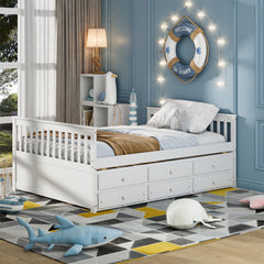 Full Size Wood Daybed Frame with Trundle Bed and 3 Storage Drawers