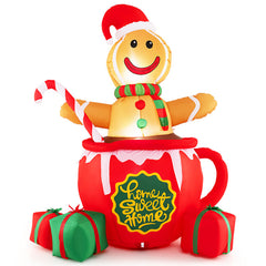 7 Feet Inflatable Gingerbread Man in Hot Cocoa Mug with Built-in LED Lights and Gift Boxes