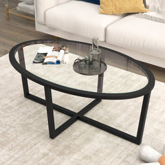 Glass Coffee Table Oval Living Room Table with Cross Base and Acacia Wood Legs