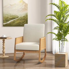 Rocking Chair with Rattan Armrests and Upholstered Cushion