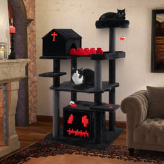 Gothic Cat Tree 49 Inch Tall Cat Tower 6-Tier Cat Activity Center with Coffin Bed