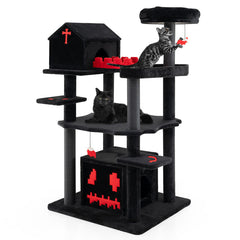 Gothic Cat Tree 49 Inch Tall Cat Tower 6-Tier Cat Activity Center with Coffin Bed