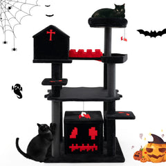 Gothic Cat Tree 49 Inch Tall Cat Tower 6-Tier Cat Activity Center with Coffin Bed
