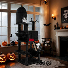 Gothic Cat Tree with 2 Cat Condos and Spooky Dangling Ball for Indoor Cats
