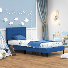 Twin Size Upholstered Platform Bed with with Button Tufted Linen Fabric Headboard