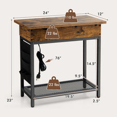 Industrial End Table with Charging Station and Flip Top