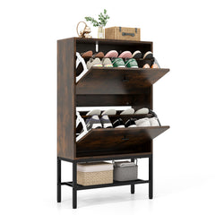 Industrial Shoe Storage Cabinet with 2 Flip Drawers and 1 Bottom Metal Shelf