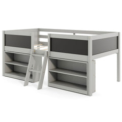 Kid Twin Size Low Loft Bed with Chalkboard Ramp Ladder and Bookcases