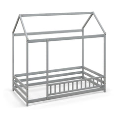 Twin Size Kids House Bed Wooden Floor Bed with Roof and Full-length Safety Guardrail