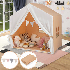 Kid's Play Tent with Washable Cotton Mat and Flag Banner