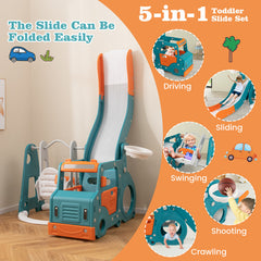5-in-1 Kids Slide and Swing Set with Mini Bus and Basketball Hoop