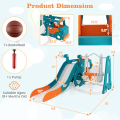 5-in-1 Kids Slide and Swing Set with Mini Bus and Basketball Hoop