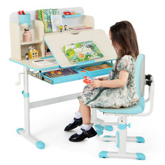Height Adjustable Children School Home Study Table and Chair Set with Tilted Desktop for 3-12 Years Old