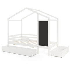 Kids Twin Size Bed with 2 Drawers Solid Wood Bed with Blackboard