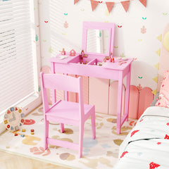 2-in-1 Kids Vanity Makeup Table and Chair Set with Flip Top Mirror