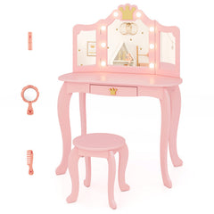 Kids Vanity Set with Tri-fold Lighted Mirror Detachable Top and Stool