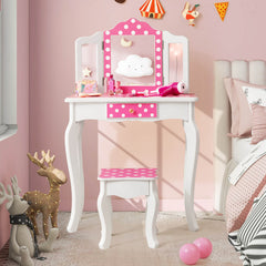Kids Vanity Table and Stool Set with Cute Polka Dot Print