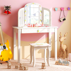 Kids Vanity Table Set with Tri-Folding Mirror and Large Drawer