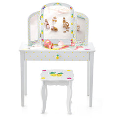 Kids Vanity Table Set with Tri-Folding Mirror and Large Drawer
