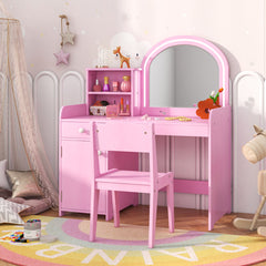 Kids Vanity Table and Chair Set with Shelves Drawer and Cabinet