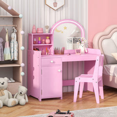 Kids Vanity Table and Chair Set with Shelves Drawer and Cabinet