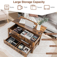 Lift Top Coffee Table with 2 Storage Drawers and Hidden Compartment