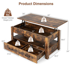 Lift Top Coffee Table with 2 Storage Drawers and Hidden Compartment