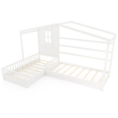 L-shaped Double Twin Beds House Platform Beds with Fences Corner Bed Frame
