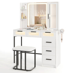 Makeup Vanity Desk with 3-Color Induction LED Lights and 6 Drawers