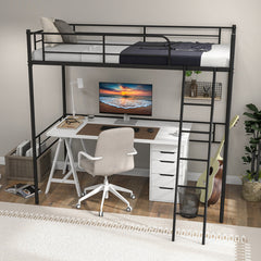 Metal Loft Twin Size Bed Frame with Ladder & Safety Guardrail
