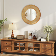 25.5 Inch Bohemian Round Wall Mounted Decorative Mirror with Wooden Frame