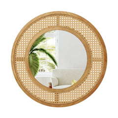 25.5 Inch Bohemian Round Wall Mounted Decorative Mirror with Wooden Frame