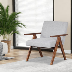 Modern Accent Chair Linen Fabric Armchair with Solid Acacia Wood Frame