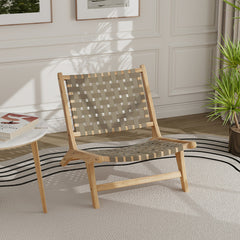 Modern Armless Teak Wood Lounge Chair with Nylon Woven Backrest and Seat