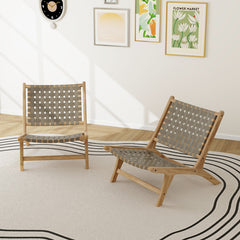 Modern Armless Teak Wood Lounge Chair with Nylon Woven Backrest and Seat