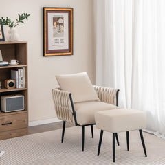 Modern Dutch Velvet Accent Chair and Ottoman Set with Weaved Back and Arms