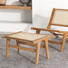 Natural Teak Wooden Foot Rest with Handwoven Rattan