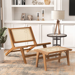 Natural Teak Wooden Foot Rest with Handwoven Rattan