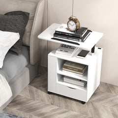 Nightstand Bedside Table Swivel Laptop Tray with Charging Station and LED Lights